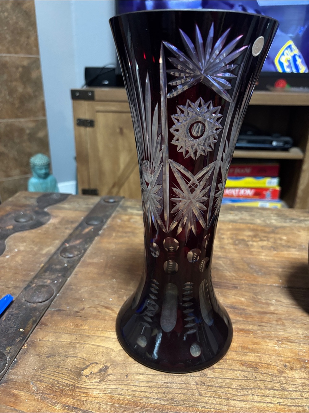 Deep Ruby Cut-to-Clear Etched Crystal Vase
